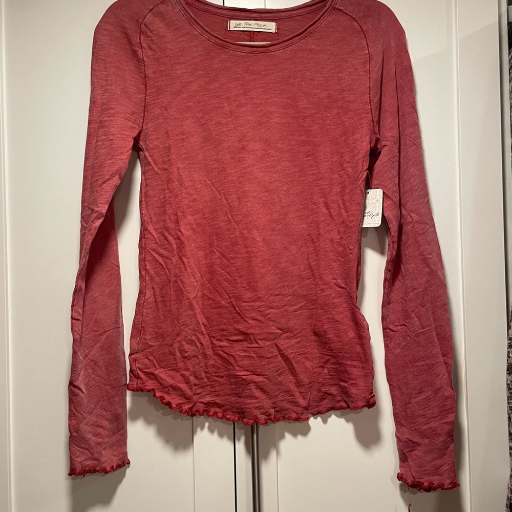 Free People Red Long Sleeve Fitted T-Shirt